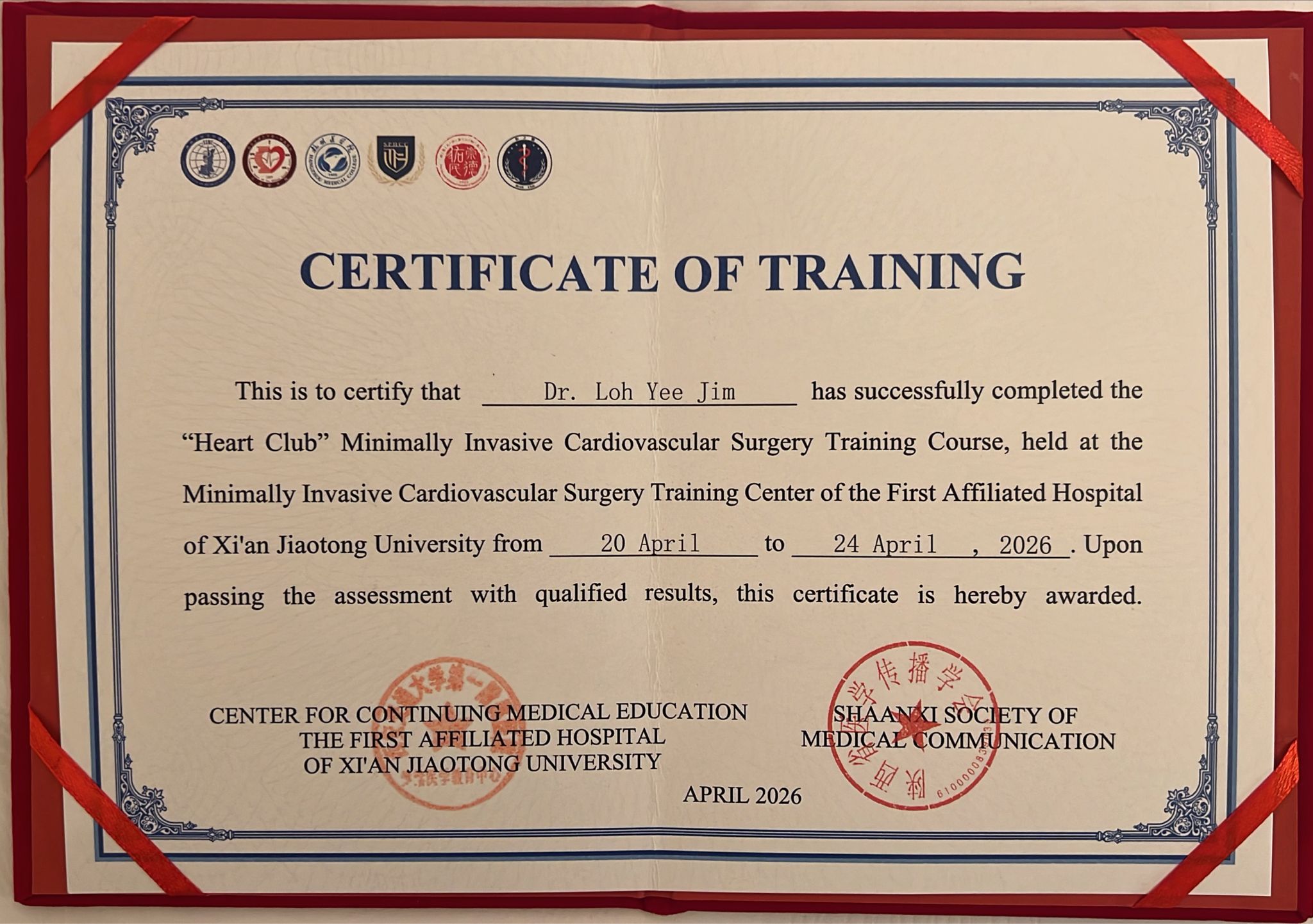 Certificate of training for Dr. Loh Yee Jim in minimally invasive cardiovascular surgery
